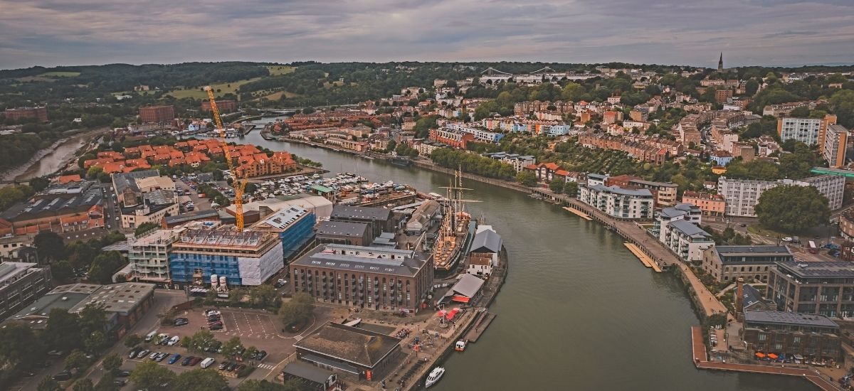 qrun-bristol-business-district Aerial view of Bristol city centre business district and Harbourside