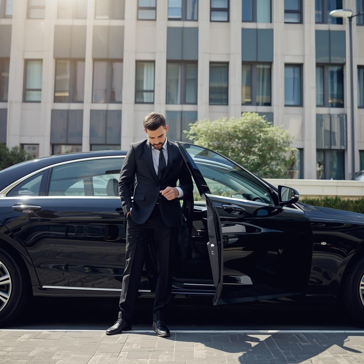 qrun-business-accounts-featured Business professional boarding a QRun taxi outside Bristol office building