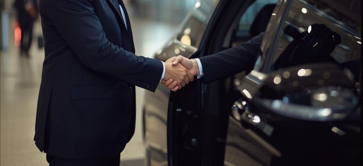 qrun-client-airport-greeting Business client shaking hands with a QRun driver in Bristol Airport arrivals area