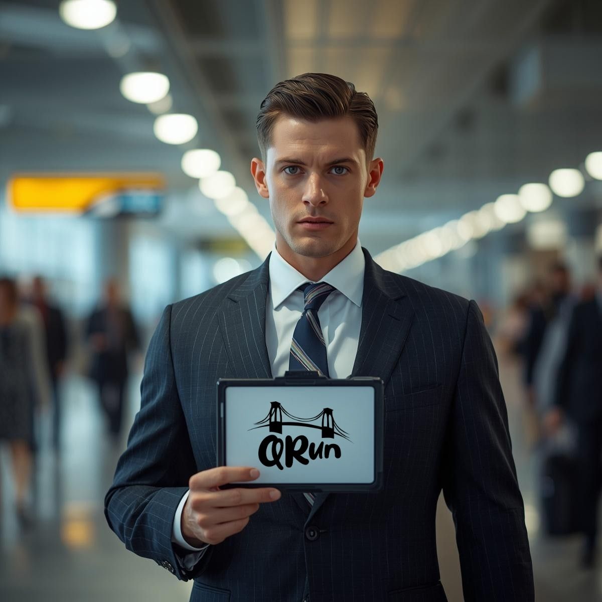 qrun-client-pickups-featured Professional QRun driver with name board waiting for a client at Bristol Airport arrivals