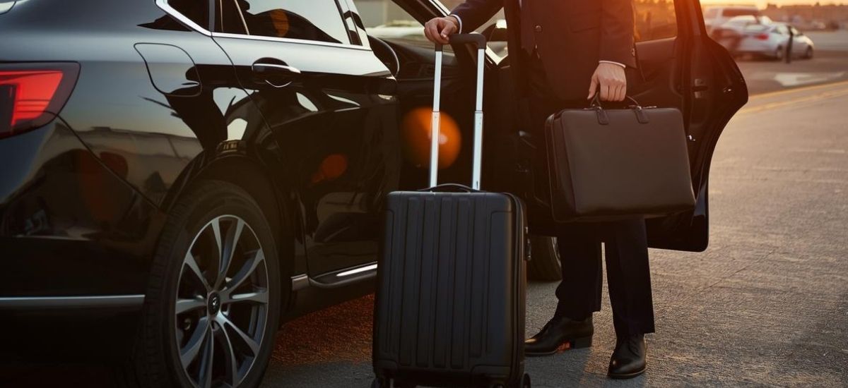 qrun-executive-airport-departure Business traveller met by a driver near a sleek car for an early morning executive taxi Bristol run