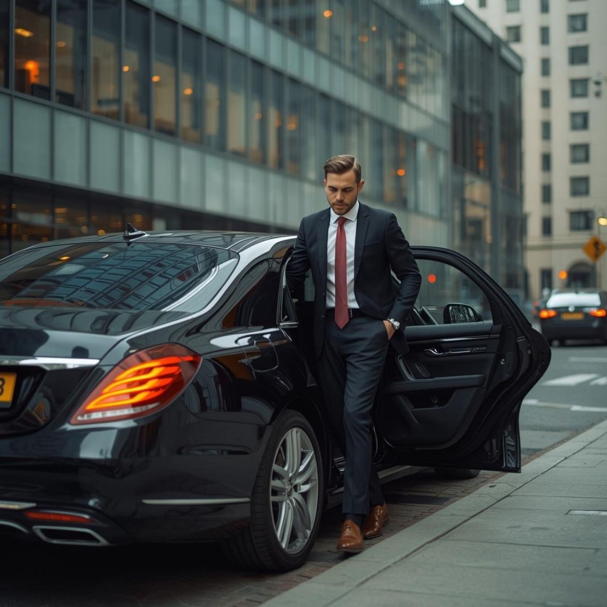 qrun-executive-business-travel-featured Business executive stepping out of an executive taxi Bristol outside a modern office tower