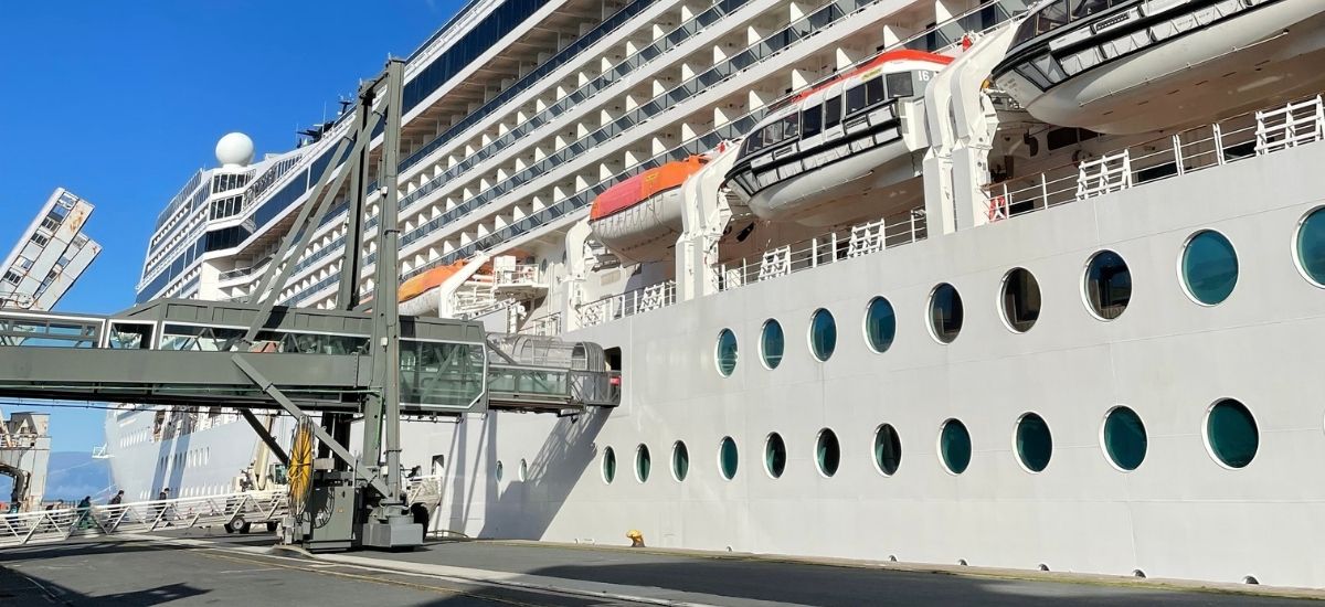 Southampton cruise terminal exterior with ship docked for Bristol to Southampton transfers